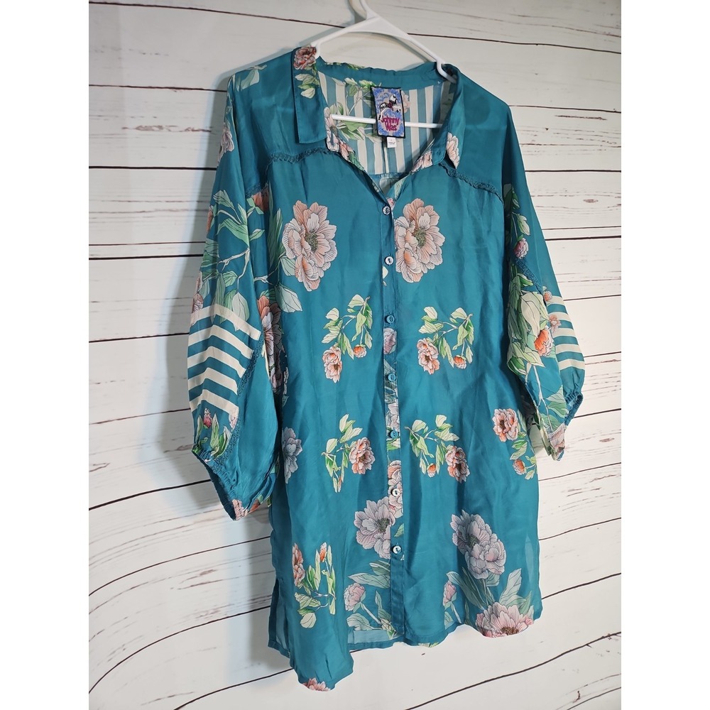 JOHNY WAS ROMANO Flower Ceres Shirt Large Teal Floral Cupra Rayon Button Down - Picture 2 of 9
